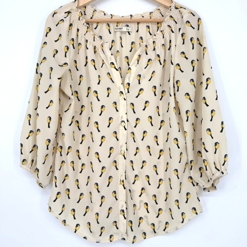 Old Navy Womens Bird Print Smocked Neck Button Front Blouse Cream Blue Yellow S
